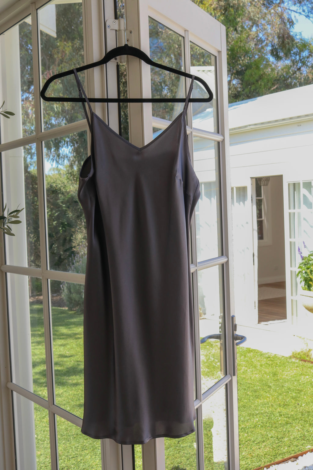 Stella Silk Mini Slip Dress - Charcoal Grey - Silk Blvd Sleepwear