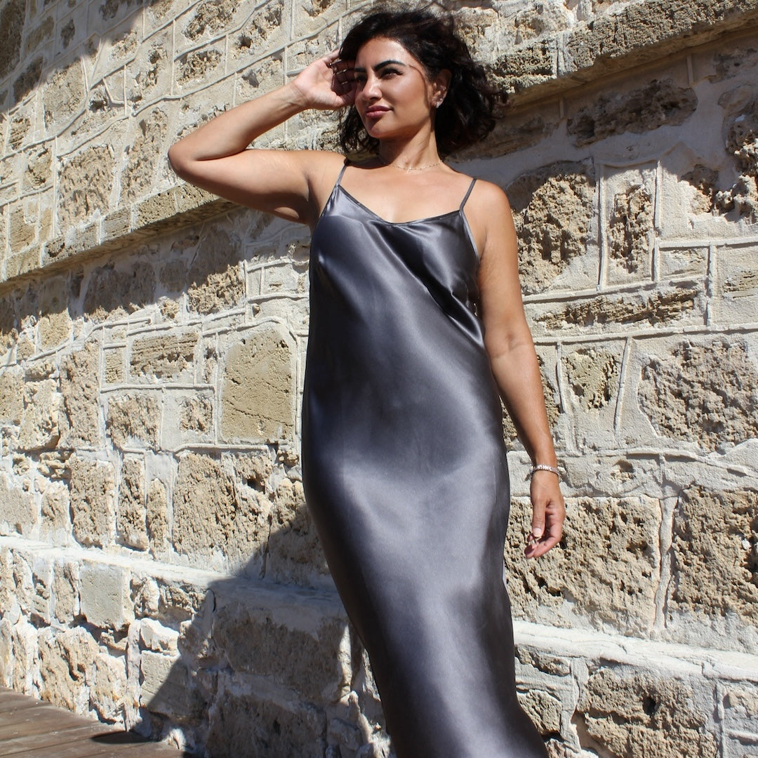 Sofia Silk Midi Slip - Slate Grey
