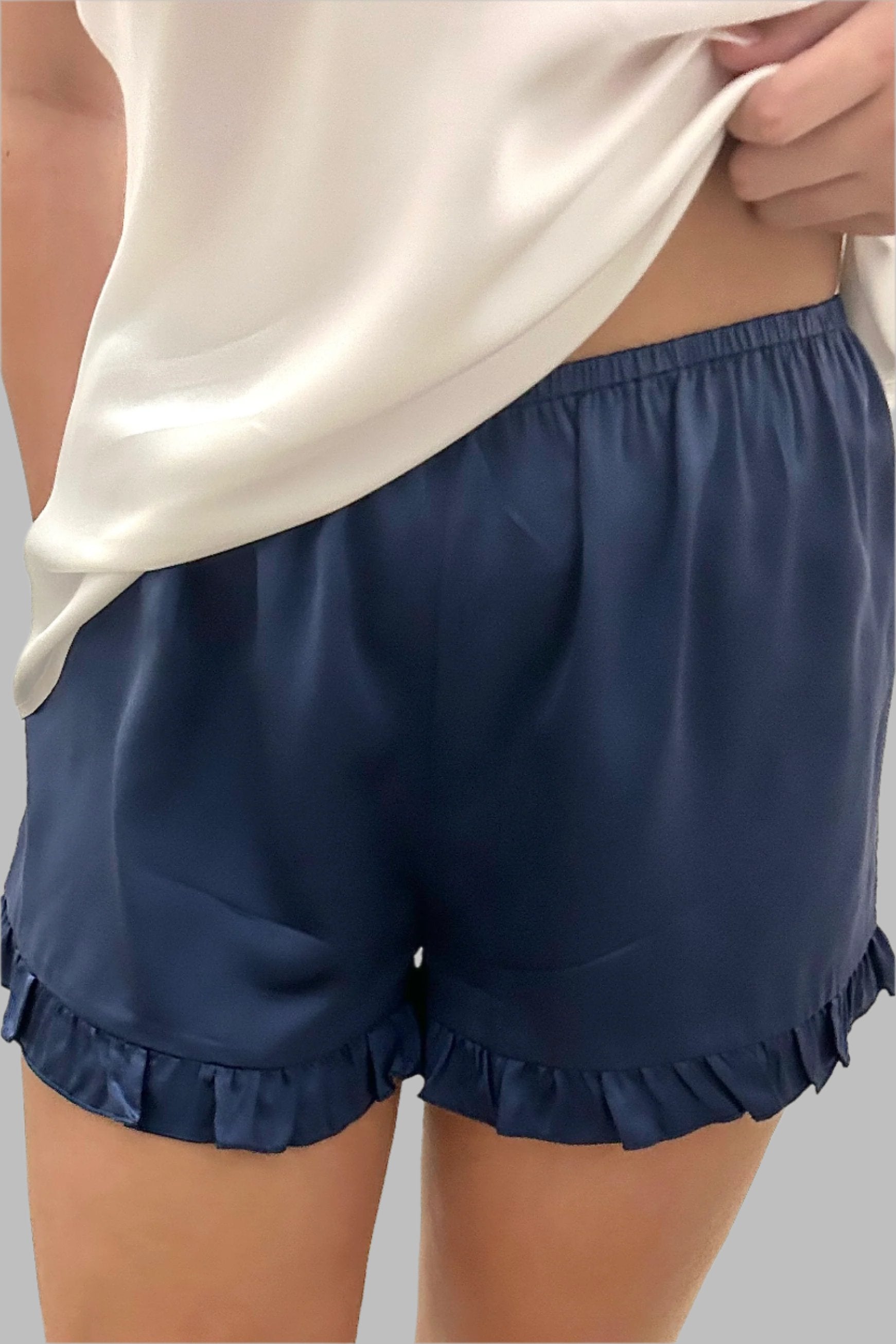Audrey Blue Frill Shorts - Silk Blvd Sleepwear